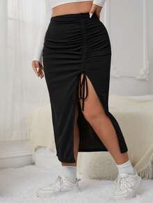 SHEIN EZwear Plus Drawstring Split Thigh Skirt - Multicolor - View 3