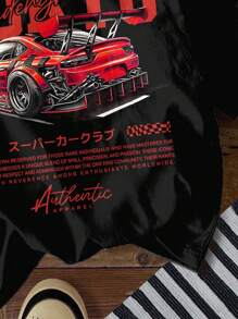 SHEIN 年轻男孩休闲简约宽松舒适英文字母汽车复古卡通街头风运动风短袖圆领T恤适合夏季 - 黑色 - 查看 4