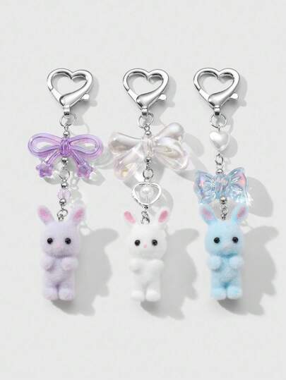 Kawaii 3pcs Ins Style Exquisite Cute Versatile High-End Resin Hollow Bowknot Faux Pearl Heart Flocking Crafted Purple + Blue + White Rabbit Pendant DIY Heart Keychain Bag Charm Combination Set, Suitable For Women Daily Wear, Holiday Gift