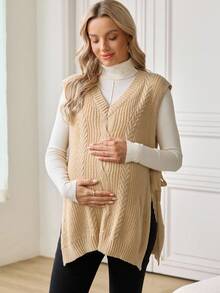 SHEIN Maternity Casual Solid Color Side Slit Knit Vest - Khaki - View 6