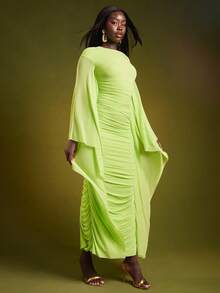 NYA SZN 连衣裙长袖蝙蝠袖褶饰镂空细节修身特殊场合活动婚礼宾客新娘派对毕业典礼日期端庄优雅伊比沙岛正式网眼长裙霓虹绿假日万圣节秋冬女士服装 - 綠色 - 查看 6