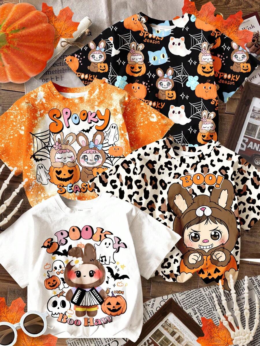 SHEIN Happikins 4pcs/Set Young Girl Cute Halloween Rabbit Bubu Bow Floral Print Kawaii Anime Style Casual Minimalist Round Neck Short Sleeve Basic T-Shirt, Suitable For Spring/Summer - Multicolor - View 1