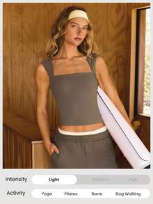 GLOWMODE FeatherFit™ Full Underarm Hip Length Square Neck Basic Tank Top Low Impact Yoga Pilates Studio Daily Removable Cups Fall Winter