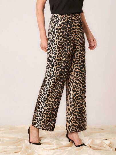 SHEIN LUNE Pantalones rectos casuales con estampado de leopardo para mujer