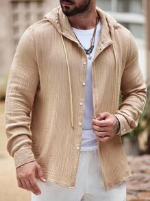 Manfinity Homme Men's Hooded Long Sleeve Shacket, For Fall - Camel - View 3