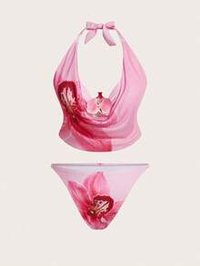 3pcs Swim Oasis Women's Vacation Floral Swimsuit, Fashionable Sexy Deep V-Neck Spaghetti Strap Bikini Top And Mini Skirt Plus Size Set