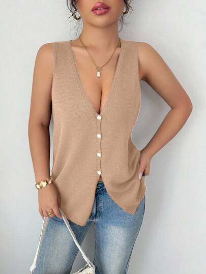 Chiquease 休闲百搭纯色前扣针织背心