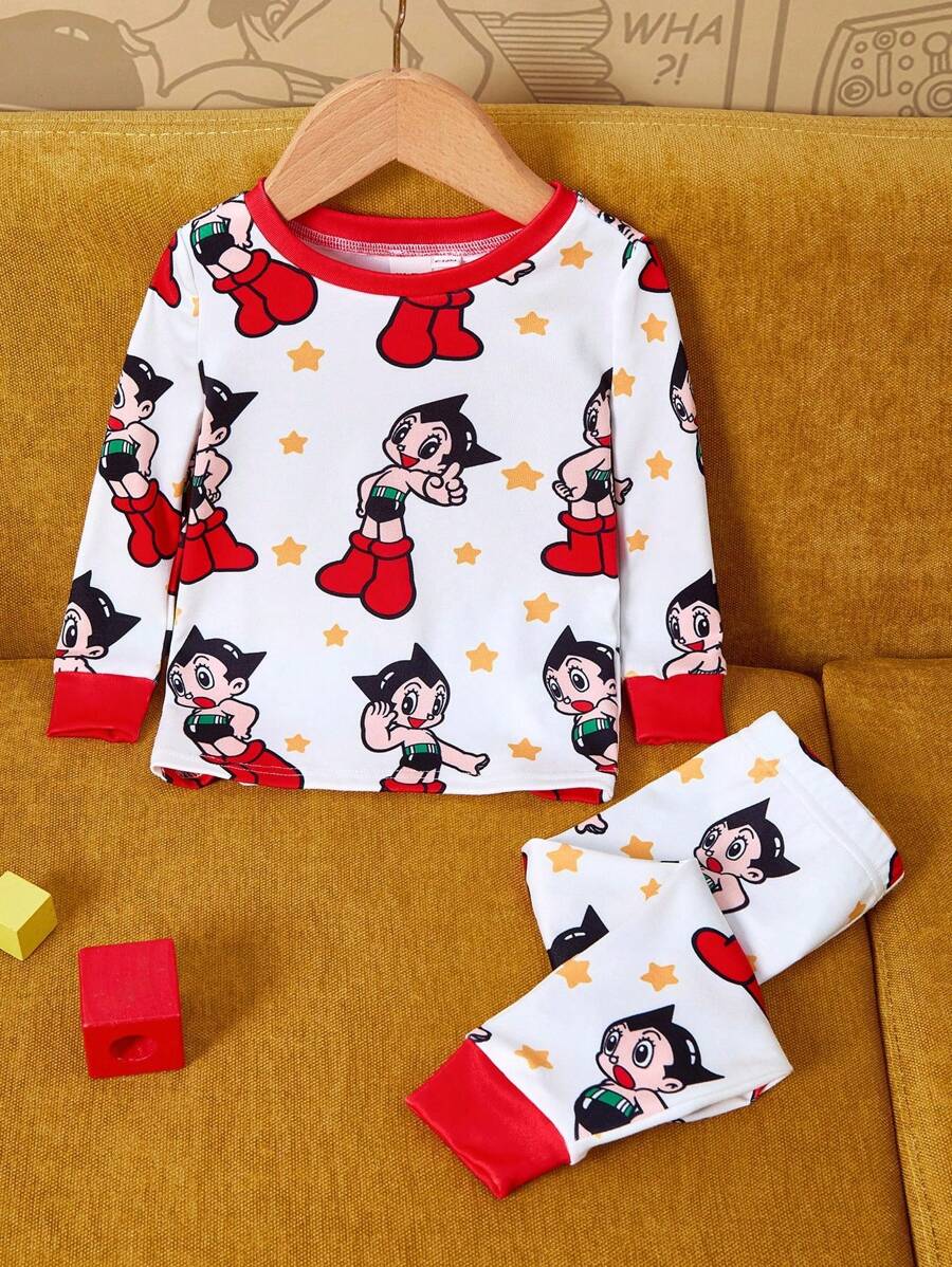 Astro Boy X SHEIN 2 pièces Ensemble de pyjama décontracté confortable avec Top à manches longues col ras-du-cou avec motif de personnage de dessin animé pour bébé garçon et pantalon ajusté