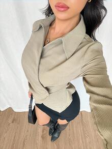 Modelyn Women's Solid Color Cross Wrap Asymmetric Hem Long Sleeve Shirt Office Blouse Business Casual Woman Blouse