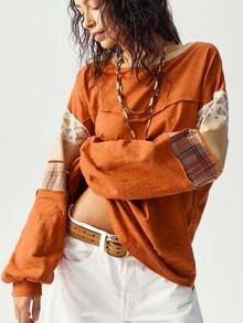 Bohemela Áo thun tay dài họa tiết chắp vá màu cam cỡ lớn, áo thu cho nữ - Màu vàng - Xem 8