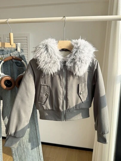 SHEIN Tween Girl 复古可拆卸毛领宽松夹棉大衣，适合日常穿着和聚会，冬季