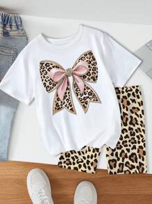 2 件套青少年女孩豹纹、蝴蝶和花卉图案休闲圆领短袖 T 恤和豹纹修身短裤套装，舒适的夏季家居服和外套 - 彩色 - 查看 2