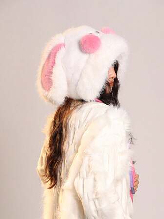 Kawaii 1pc Oversized Cute Plush Rabbit Ear Hat, Sweet Style Thick Warm Hat, Versatile Fashion Cap For Daily Wear