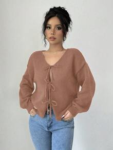 Selianne Áo cánh dài tay buộc dây phía trước màu trơn dành cho nữ, thiết kế đơn giản để mặc hàng ngày, áo khoác cardigan dáng ngắn màu đen, áo khoác cardigan nơ cho bé gái, áo khoác cardigan dáng ngắn màu đen - màu nâu - Xem 4