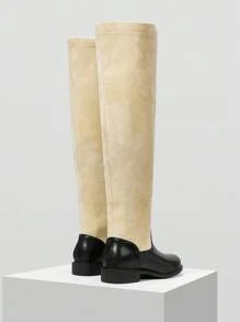 Mnmlis 圆头粗跟时尚英伦风靴子，女士侧拉链连衣裙靴，平底踝靴 - 杏色 - 查看 4