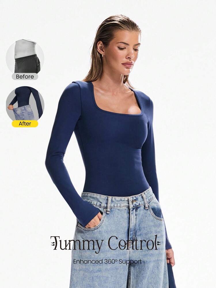Smooth DreamLyx Tummy Control Soft Stretchy Sweat-Wicking Body Shaping Built-In Bra Square Neck Slim Fit Long-Sleeve Top Daily Casual