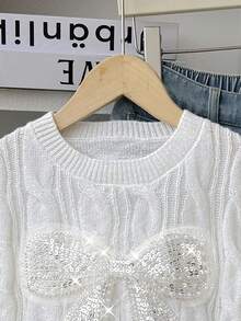 SHEIN كنزة صوفية كاجوال فضفاضة مريحة للفتيات المراهقات، بياقة دائرية وأكمام طويلة مزينة بفيونكة - أبيض - مشاهدة 3