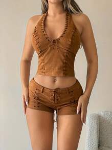 SHEIN ICON Women's Halter Crop Top And Low Waist Shorts Set Brown 2 Pieces Set, Fall Clothes, Concert Outfit - Brown - View 6