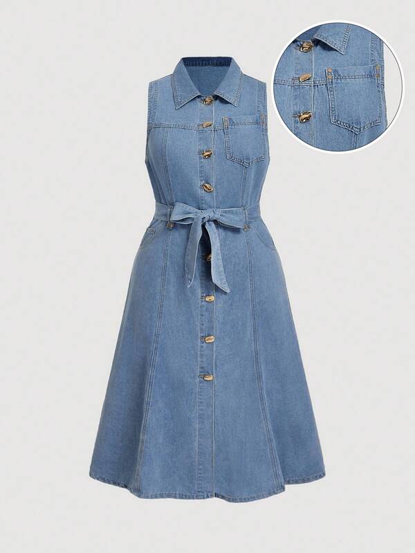 SHEIN MOD 大码女式无弹力牛仔连衣裙，休闲修身水洗牛仔背带无袖连衣裙
