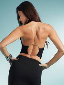 Denimoi Backless Gold O-Ring Halter Top, Sexy Tops, Going Out Tops, GNO, Date Night Tops, Vacation Tops - Black - View 1