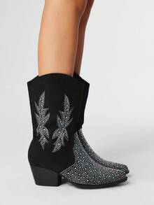 ROMWE Fairycore 2025 Fashion Black Suede Rhinestone Pointed Toe Side Zipper Chunky Heel Mid-Calf Boots, Riding Boots, - Black - View 4
