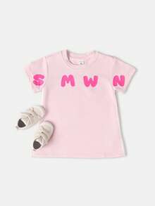 SUMWON 儿童超大夏季T恤连衣裙粉色图案字母印花玩耍休闲迷你连衣裙春季时尚舒适服装 - 粉色 - 查看 1