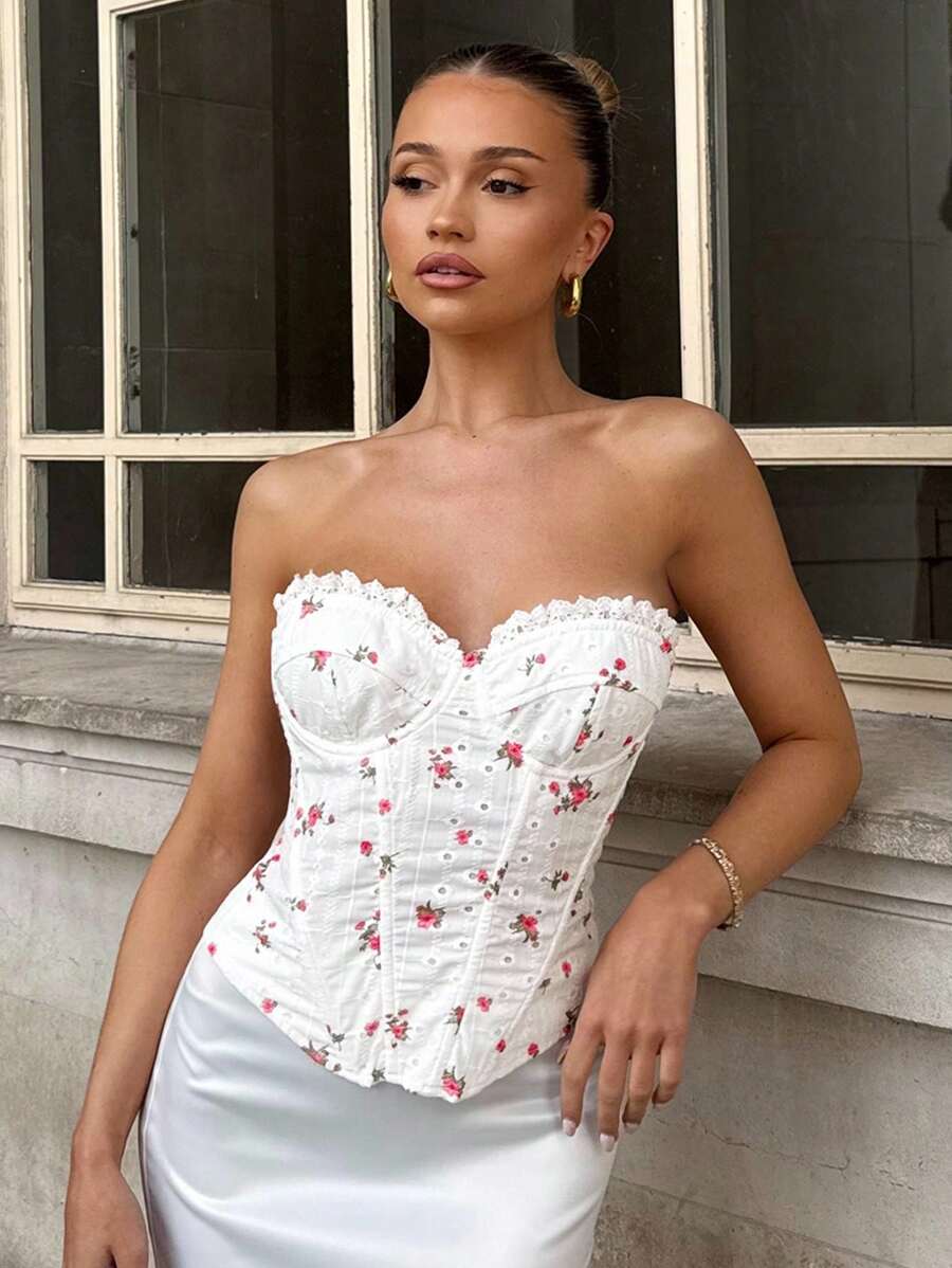 Glamine Women's Ditsy Floral Contrast Lace Camisole Top, Elegant - Red and White - View 1