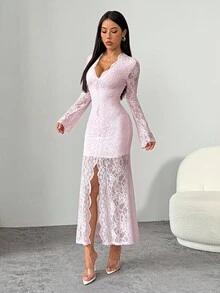 SHEIN PETITE 性感黑色深V領高開衩長喇叭袖緊身夜店洋裝，夏季女款茶會洋裝，適合嬌小女性 - 粉色 - 查看 4