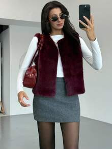 Aloruh Sleeveless Basic Outerwear, Elegant Fashion Faux Fur Coat In Fall/Winter - Burgundy - View 1