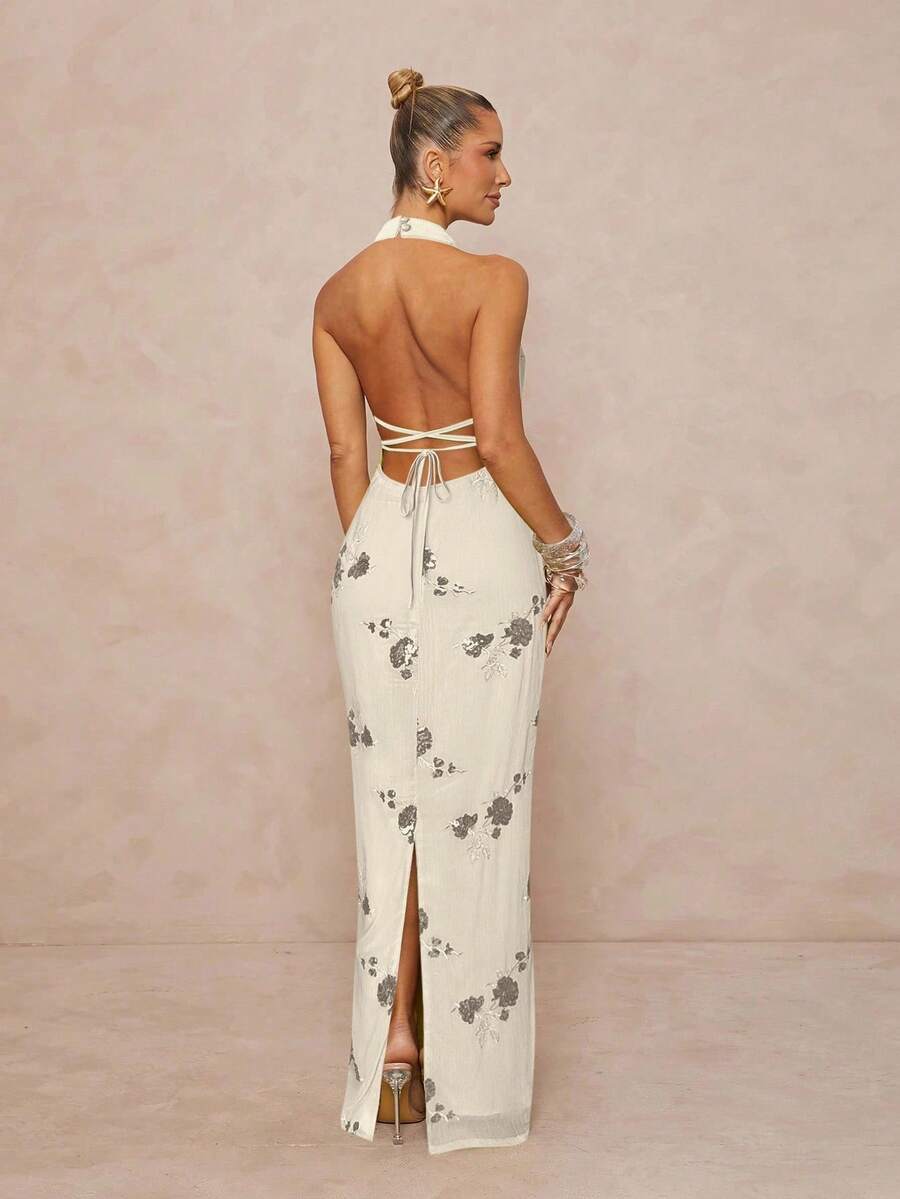 Lumalex 女式亮片刺绣立领腰部修身露背系带开衩连衣裙 - 杏色 - 查看 1