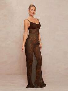 Lumalex 经典豹纹印花低胸细肩带透视紧身美人鱼连衣裙，大腿高开衩，系带 - 棕色 - 查看 3