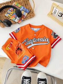 SHEIN 新生儿/婴儿男女通用字母图案撞色圆领短袖开衫和短裤休闲两件套运动服，柔软舒适，适合户外活动，夏季