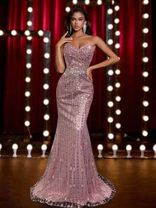 Glamrae Luxurious Beaded Bodice With Ruched Bust, Waist Handcrafted Embellishment, Adjustable Lace-Up Back, Mermaid Silhouette Formal Evening Gown (Heavy Embellished) - Dusty Pink - View 3