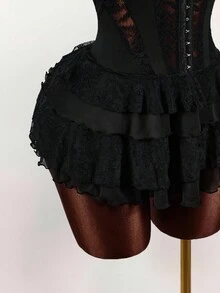 Amplova Váy ngắn hở vai nhiều lớp phối ren đen, váy mùa hè dành cho nữ - màu đen - Xem 7