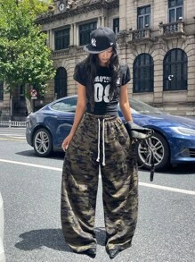 Coolane 女士秋季四季外出街头服饰复古弹力腰带迷彩针织阔腿休闲图案弧形下摆裤 - 彩色 - 查看 5