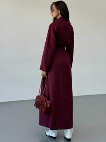 Aloruh 双排扣系腰长款大衣，纯色，适合秋冬季节穿着。 - 中紫紅色 - 查看 3