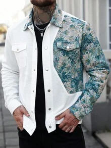 Manfinity CasualCool 男士花卉印花前扣口袋休闲长袖夹克，秋季 - 彩色 - 查看 3