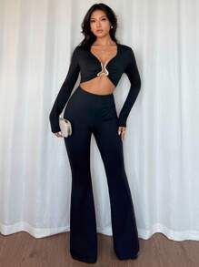 Rafferiza 欧美风格休闲金属装饰腰部收紧长袖性感黑色高弹力女式连体裤 - 黑色 - 查看 6