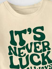 SHEIN Young Girl Casual Minimalist English Letter Print Short Sleeve Round Neck T-Shirt, Suitable For Summer - Apricot - View 3