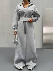 EURMUSE Casual Matching Solid Color Hoodie & Sweatpants Set - Grey - View 6