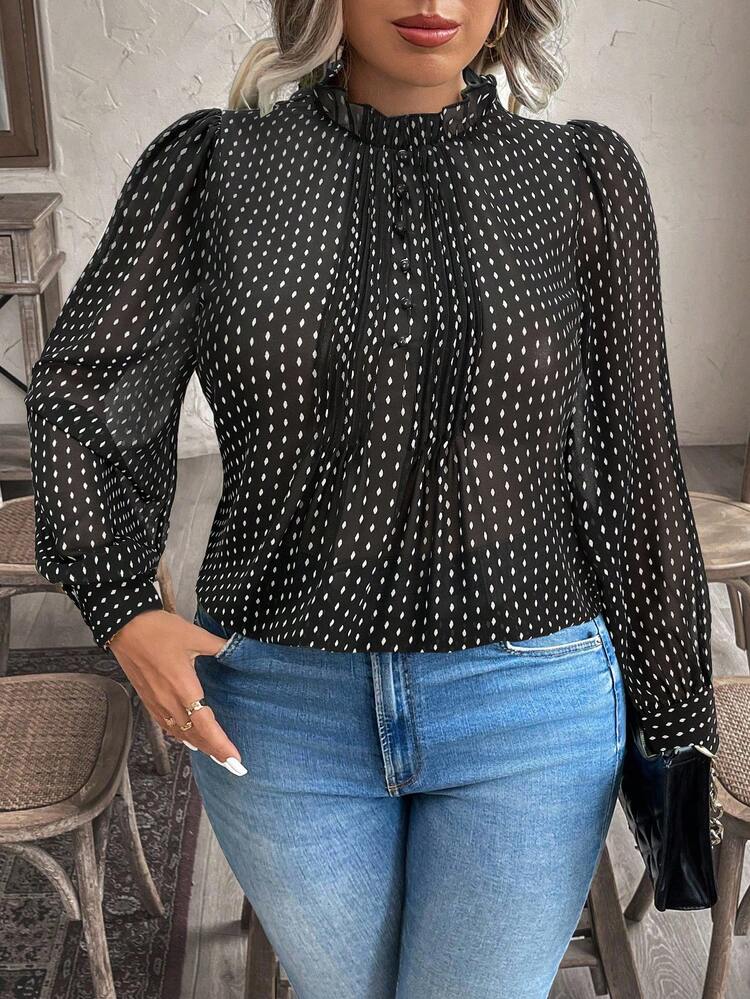 SHEIN Holidaya Plus Size Casual Puff Sleeve Allover Print Shirt, Suitable For Commuting, Autumn - Black - View 5