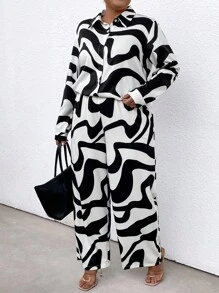 SHEIN LUNE 大尺碼拼色襯衫褲套裝 - 彩色 - 查看 6