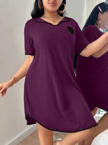 SHEIN 女士休闲睡衣迷你 T 恤连衣裙，撞色饰边，V 领 - 中紫紅色 - 查看 5