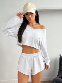 SHEIN PETITE Women's Casual Solid Color Cropped Top And Shorts 2 Pieces Set