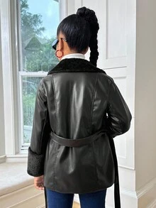 SHEIN Tween Girl Solid Color Long Sleeve Casual Oversized Collar PU Patchwork Fleece Drawstring Waist Jacket Coat (2 Piece Set Sold Separately), Autumn/Winter Outerwear, PU Jacket Coat Mommy And Me Matching Outfits - Black - View 2