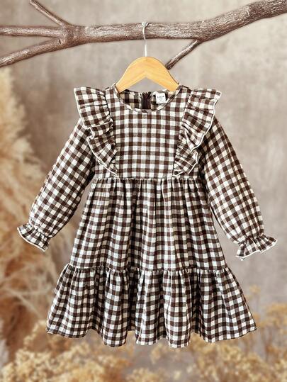 Emery Rose Kids Emery Rose Kids Tween Girl Young Girl Twins Girl Plaid Loose Cute Casual Plaid Pattern Ruffle Trim Flounce Sleeve Corduroy Frenchy Dress, Long Sleeve Dress, Autumn/Winter Plaid Dress,Summer / Fall ,Great For Casual & Daily Wear & School Daily ,Mom And Daughter & Sisters Matching .