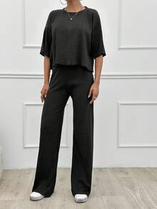 EURMUSE 纯棉简约夏季纯色宽松落肩短袖上衣和直筒裤