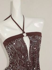 SHEIN ICON 女式亮片垂坠领上衣，复古 Y2K 风格性感透视网眼露背亮片衬衫，修身版型 - 棕色 - 查看 8