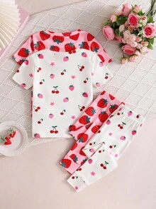 SHEIN 4 件套少女草莓图案针织柔软圆领短袖上衣和松紧腰紧身裤睡衣套装 - 彩色 - 查看 4