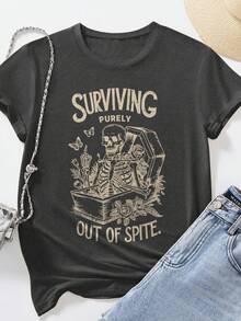 EMERY ROSE Áo thun cổ tròn tay ngắn họa tiết đầu lâu in chữ Slogan thời trang tối giản cỡ lớn - Màu xám đen - Xem 3